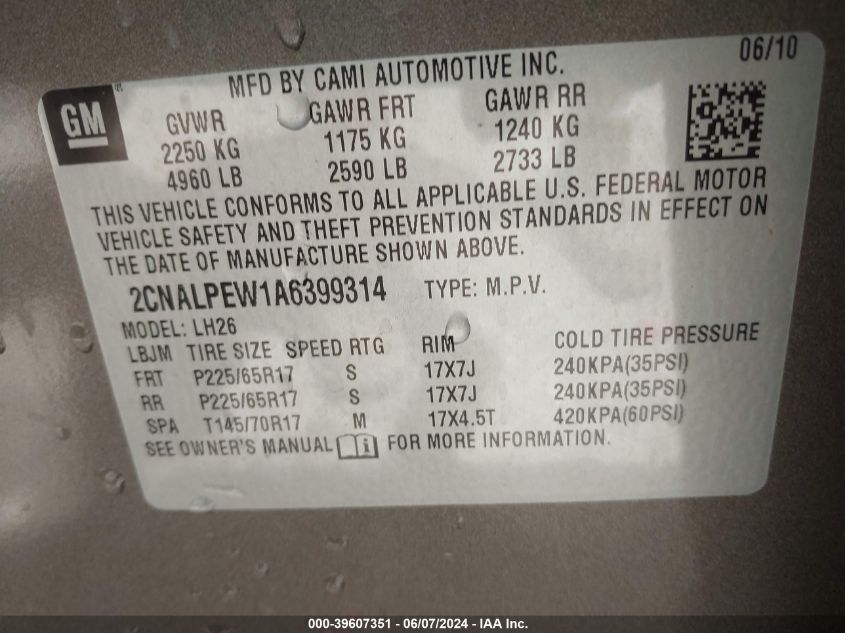 2010 Chevrolet Equinox Lt VIN: 2CNALPEW1A6399314 Lot: 39607351