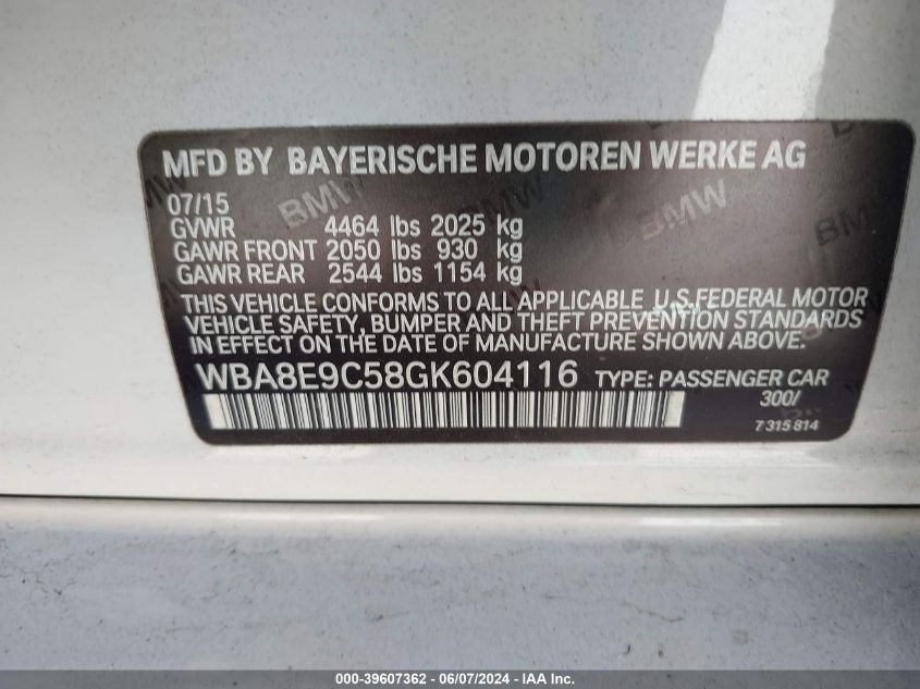 2016 BMW 328I VIN: WBA8E9C58GK604116 Lot: 39607362
