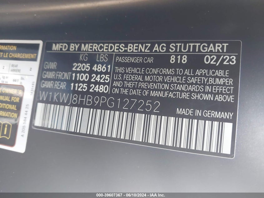 2023 Mercedes-Benz Amg C 63 S VIN: W1KWJ8HB9PG127252 Lot: 39607367