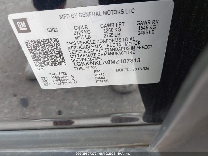 2021 GMC Acadia Fwd Sle VIN: 1GKKNKLA8MZ187813 Lot: 39607372