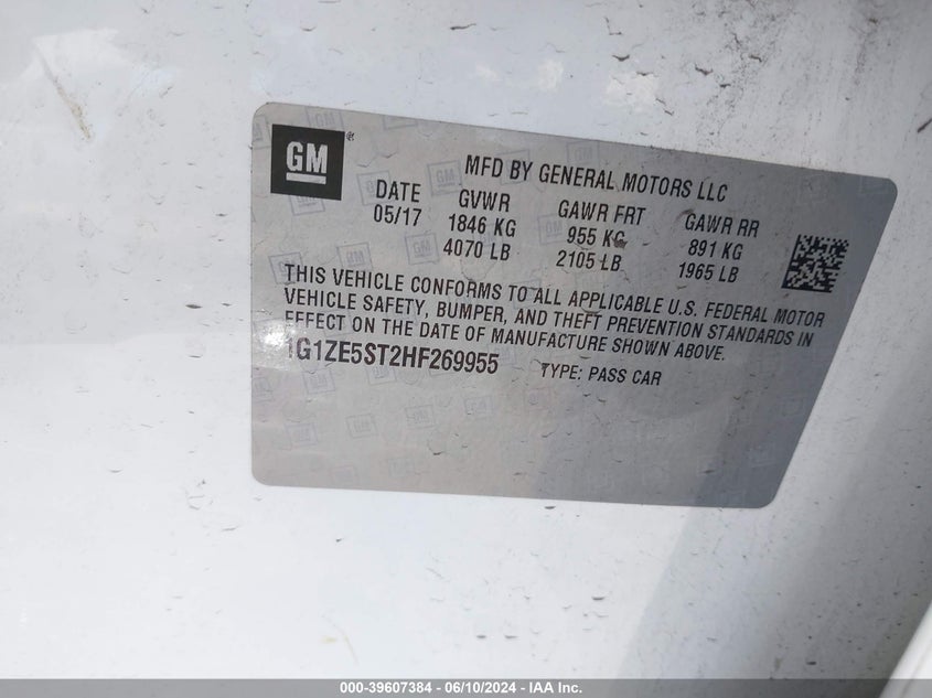 2017 Chevrolet Malibu 1Lt VIN: 1G1ZE5ST2HF269955 Lot: 39607384
