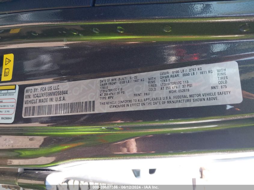 2022 Jeep Wrangler Unlimited Rubicon 4X4 VIN: 1C4JJXFG9NW266944 Lot: 39607386