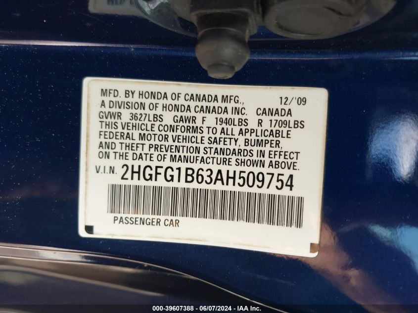 2010 Honda Civic Lx VIN: 2HGFG1B63AH509754 Lot: 39607388