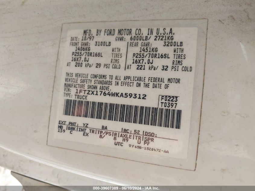 1998 Ford F-150 Lariat/Standard/Xl/Xlt VIN: 1FTZX1764WKA59312 Lot: 39607389
