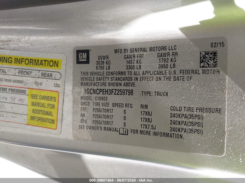 2015 Chevrolet Silverado 1500 C1500 VIN: 1GCNCPEH3FZ259798 Lot: 39607404