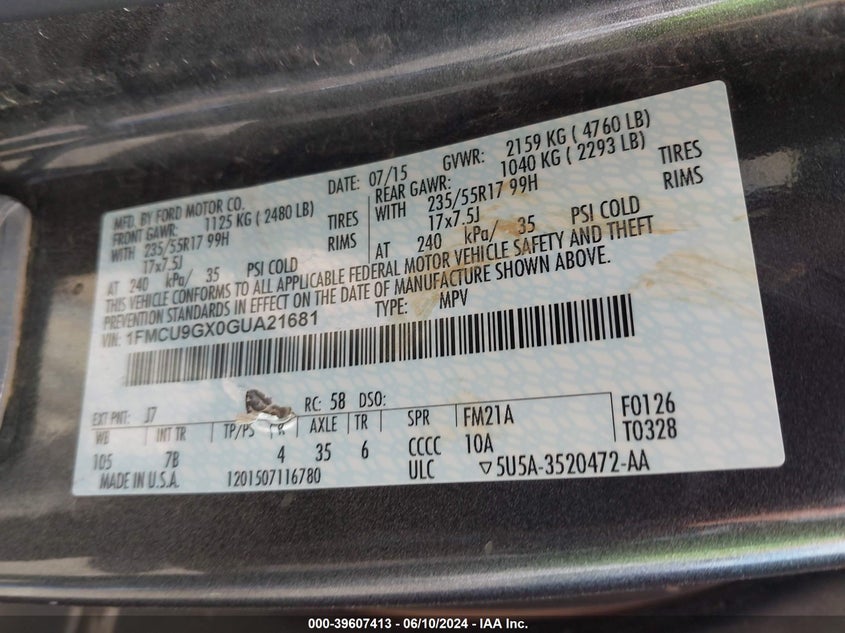 2016 Ford Escape Se VIN: 1FMCU9GX0GUA21681 Lot: 39607413