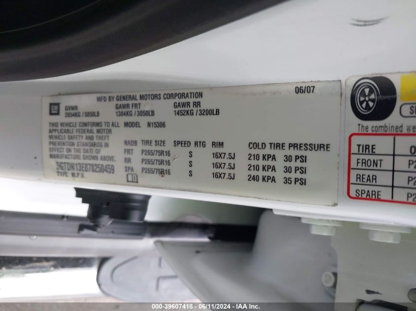 2007 Hummer H3 Suv VIN: 5GTDN13E878250459 Lot: 39607418