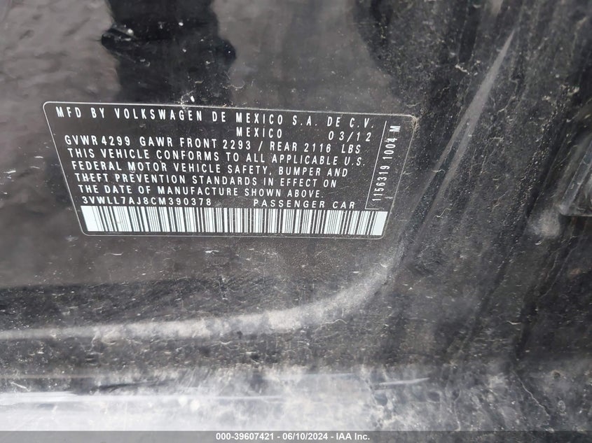 2012 Volkswagen Jetta 2.0L Tdi VIN: 3VWLL7AJ8CM390378 Lot: 39607421