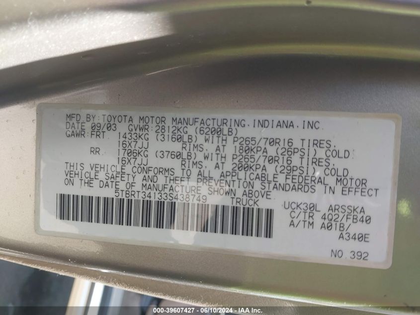 2003 Toyota Tundra Sr5 V8 VIN: 5TBRT34133S438749 Lot: 39607427