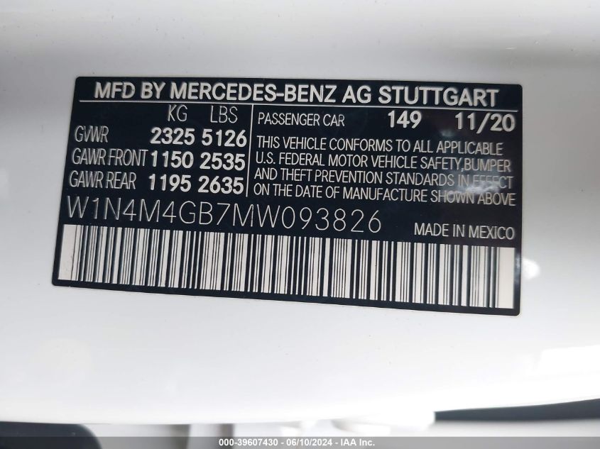 2021 Mercedes-Benz Glb 250 VIN: W1N4M4GB7MW093826 Lot: 39607430