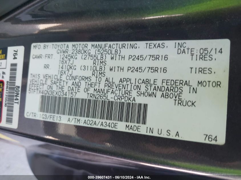 2014 Toyota Tacoma Prerunner VIN: 5TFTX4GN3EX034157 Lot: 39607431