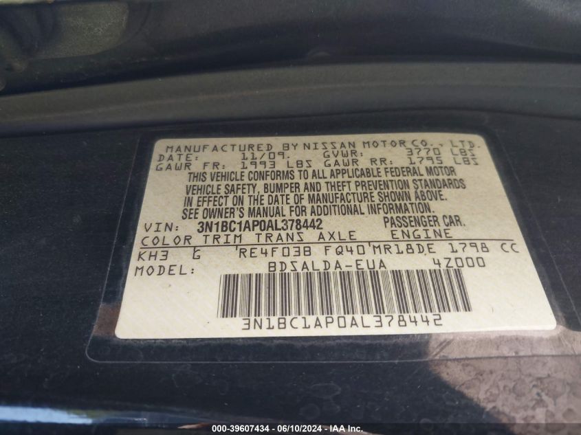 2010 Nissan Versa 1.8S VIN: 3N1BC1AP0AL378442 Lot: 39607434