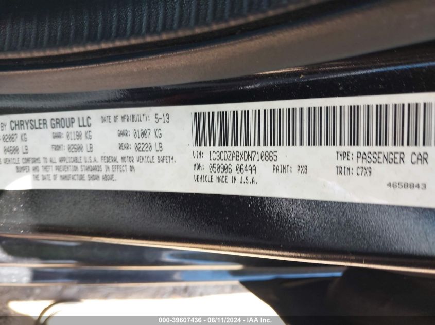 2013 Dodge Avenger Se VIN: 1C3CDZABXDN710865 Lot: 39607436