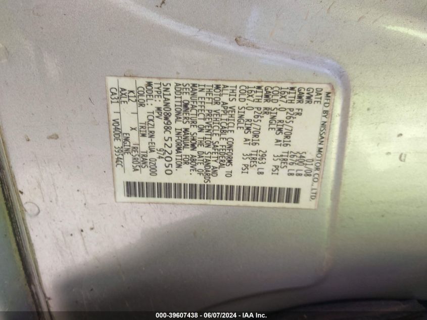 2008 Nissan Xterra S VIN: 5N1AN08W98C522050 Lot: 39607438