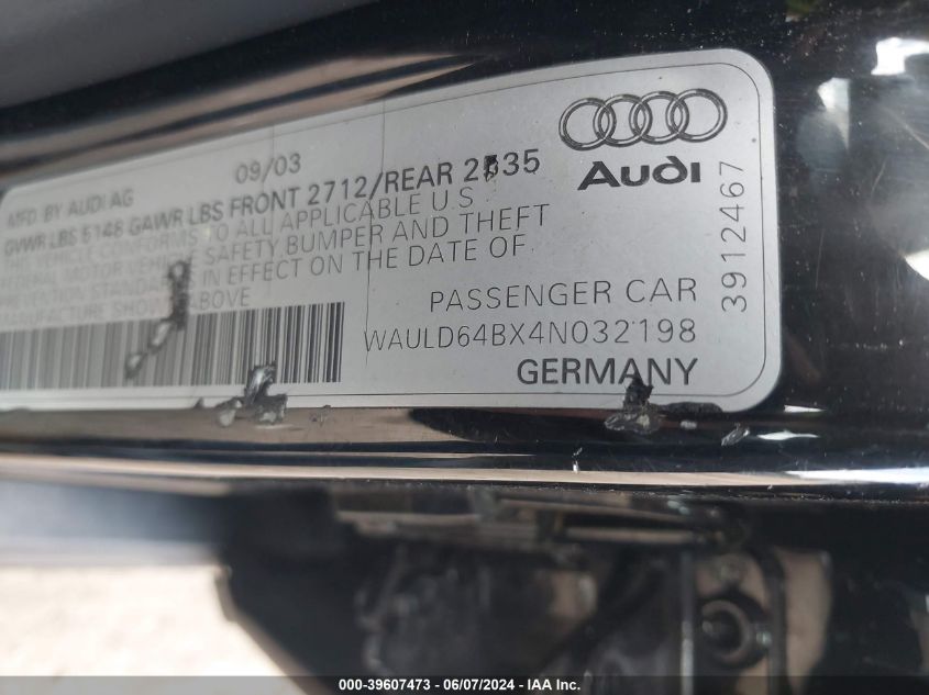 2004 Audi A6 2.7T VIN: WAULD64BX4N032198 Lot: 39607473