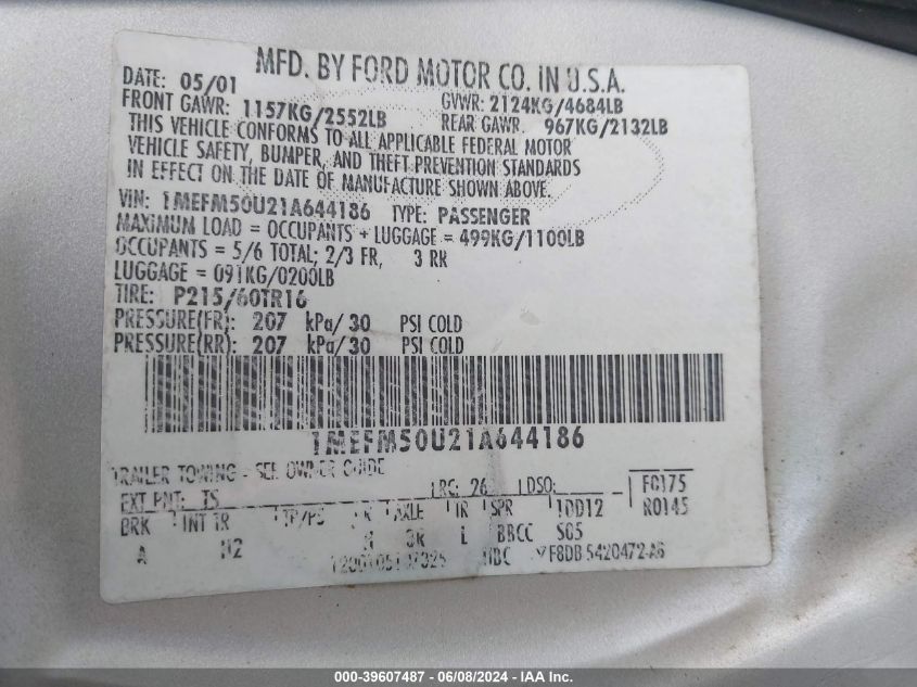 2001 Mercury Sable Gs VIN: 1MEFM50U21A644186 Lot: 39607487