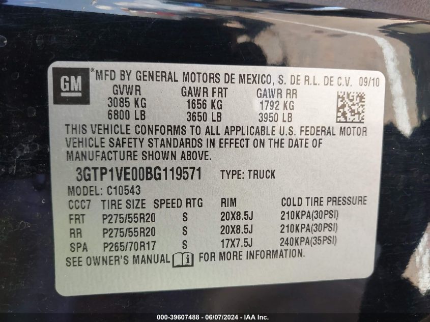 2011 GMC Sierra 1500 Sle VIN: 3GTP1VE00BG119571 Lot: 39607488