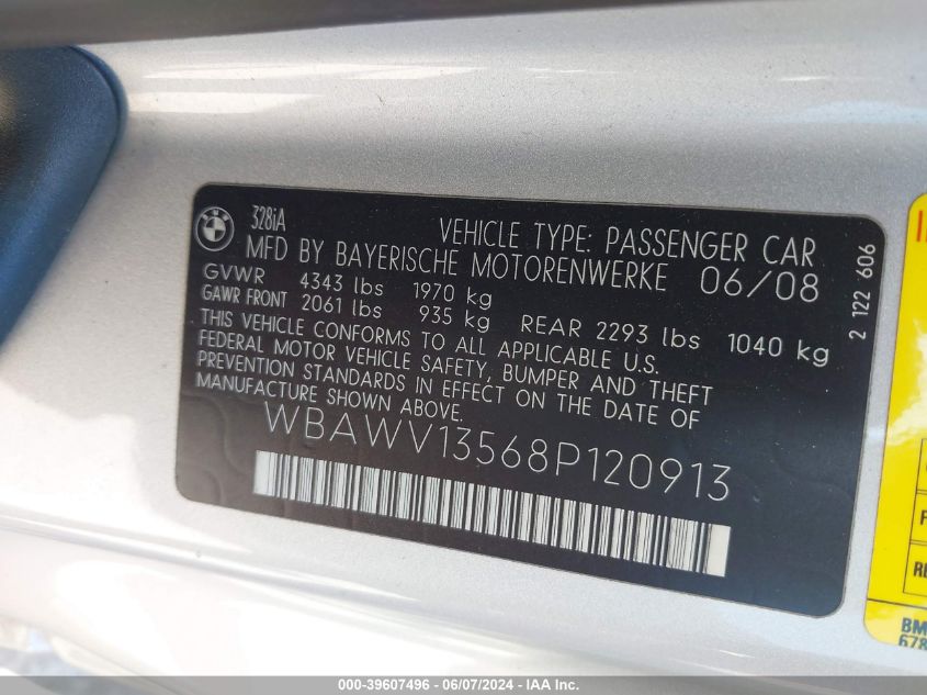 2008 BMW 328I VIN: WBAWV13568P120913 Lot: 39607496