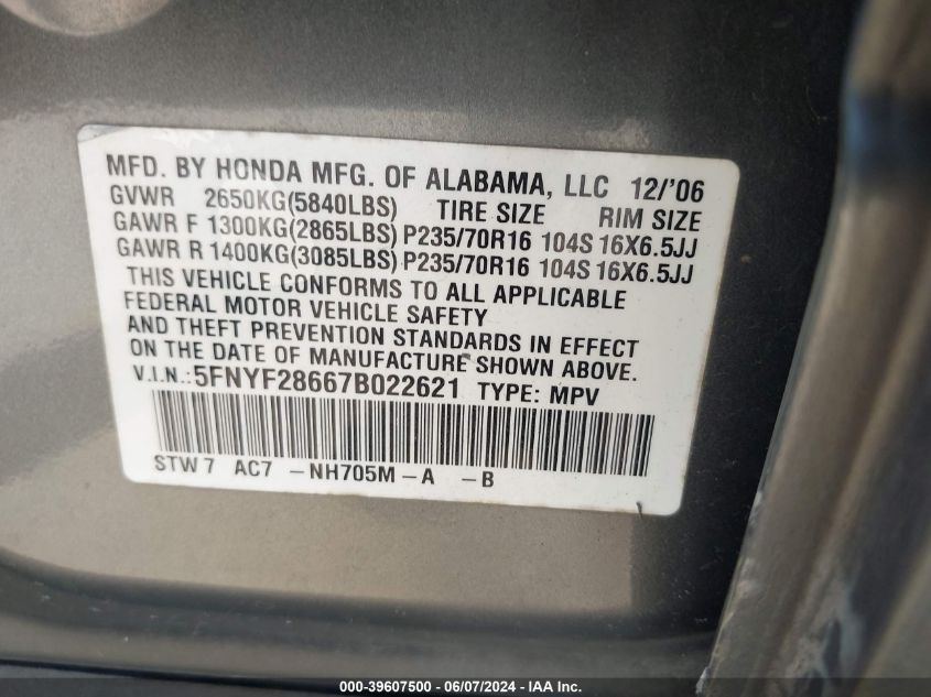 2007 Honda Pilot Ex-L VIN: 5FNYF28667B022621 Lot: 39607500