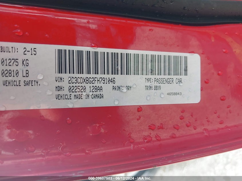 2015 Dodge Charger Se VIN: 2C3CDXBG2FH791046 Lot: 39607503