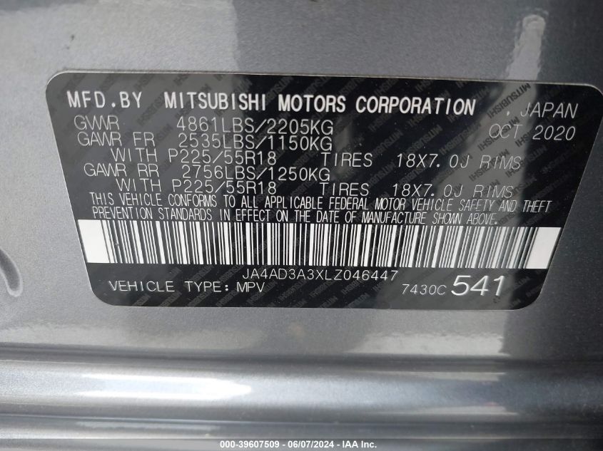 2020 Mitsubishi Outlander Le 2.4/Se 2.4/Sel 2.4/Sp 2.4 VIN: JA4AD3A3XLZ046447 Lot: 39607509