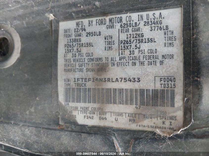 1994 Ford F150 VIN: 1FTEF14N3RLA75433 Lot: 39607544
