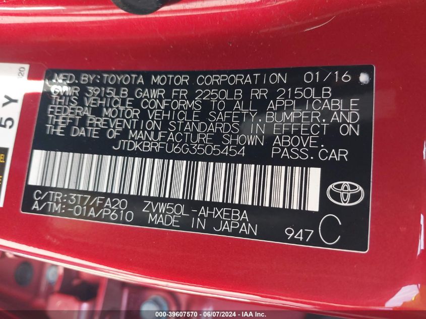 2016 Toyota Prius VIN: JTDKBRFU6G3505454 Lot: 39607570