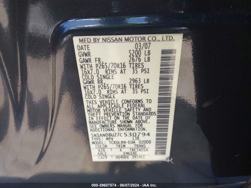 2007 Nissan Xterra S VIN: 5N1AN08U27C530794 Lot: 39607574