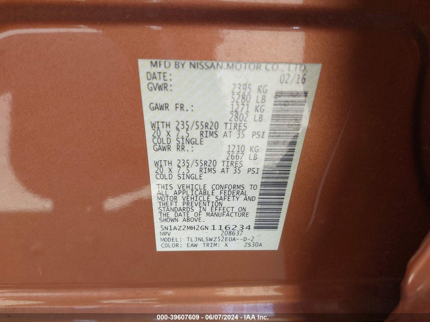 2016 Nissan Murano Platinum VIN: 5N1AZ2MH2GN116234 Lot: 39607609