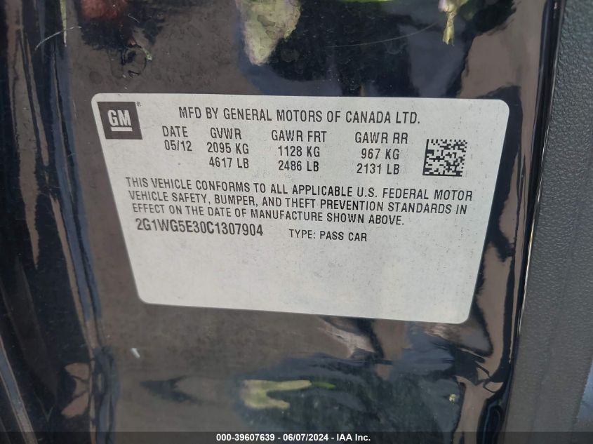 2012 Chevrolet Impala Lt VIN: 2G1WG5E30C1307904 Lot: 39607639