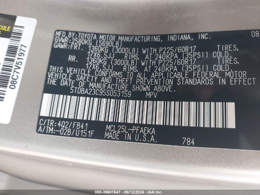 2005 Toyota Sienna Le VIN: 5TDBA23C95S053159 Lot: 39607647