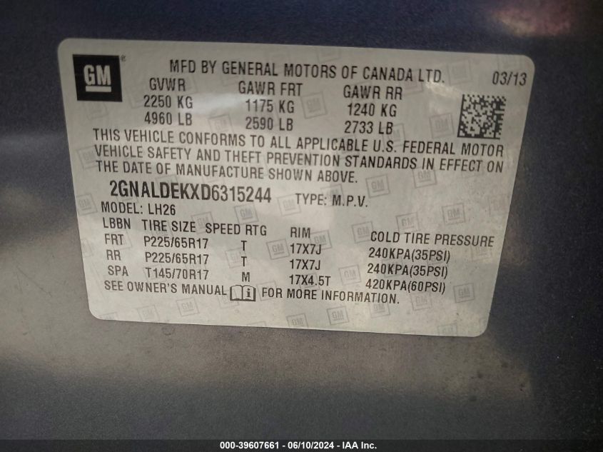 2013 CHEVROLET EQUINOX LT - 2GNALDEKXD6315244