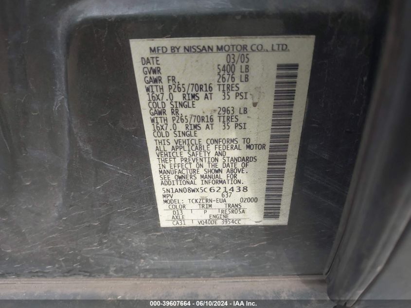 2005 Nissan Xterra S VIN: 5N1AN08WX5C621438 Lot: 39607664