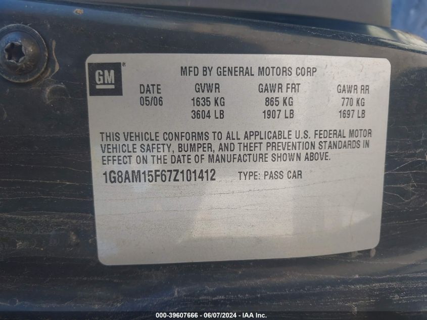 2007 Saturn Ion 2 VIN: 1G8AM15F67Z101412 Lot: 39607666