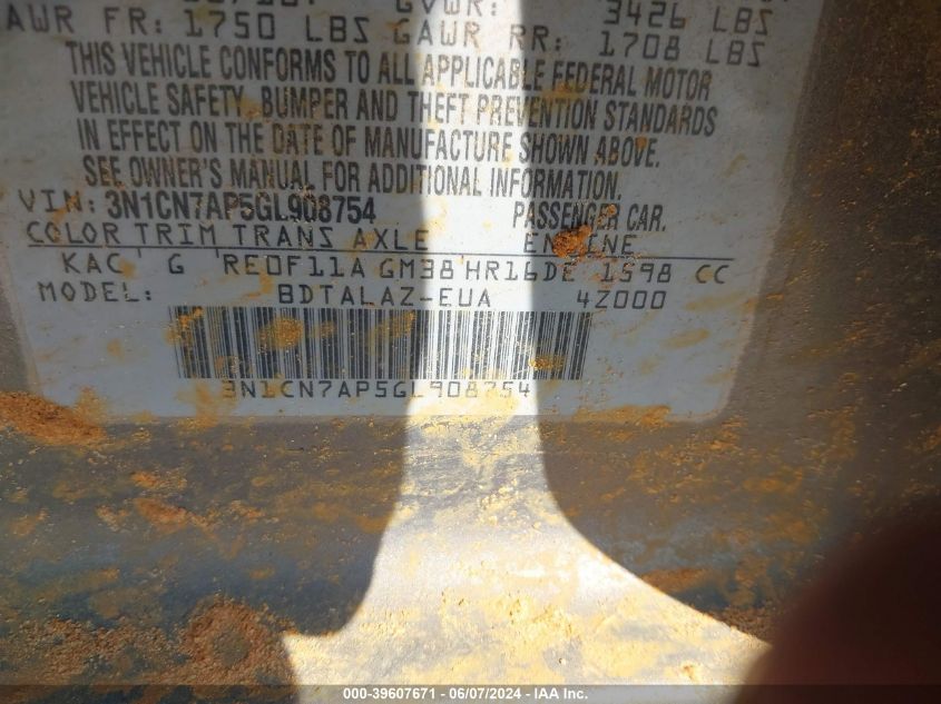 2016 Nissan Versa 1.6 S+ VIN: 3N1CN7AP5GL908754 Lot: 39607671