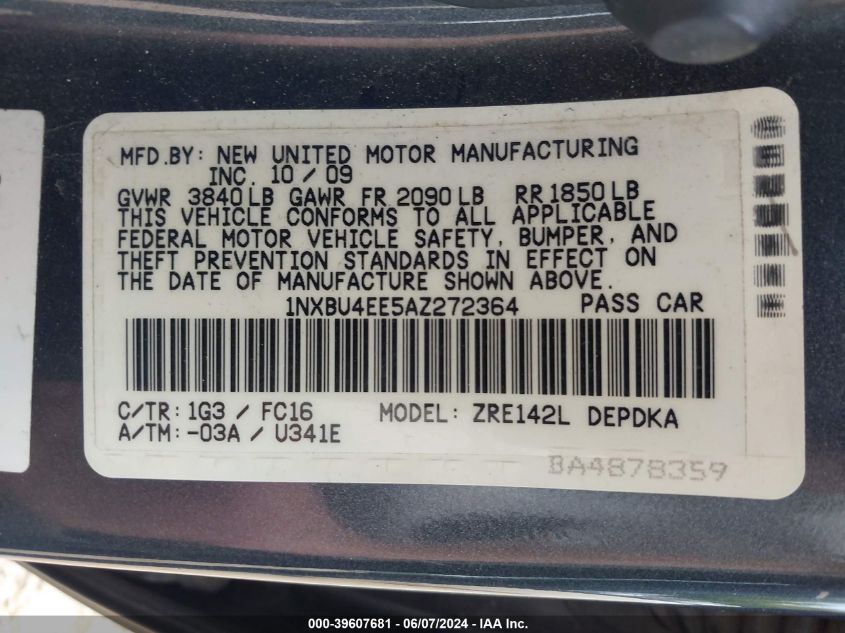 2010 Toyota Corolla Le VIN: 1NXBU4EE5AZ272364 Lot: 39607681