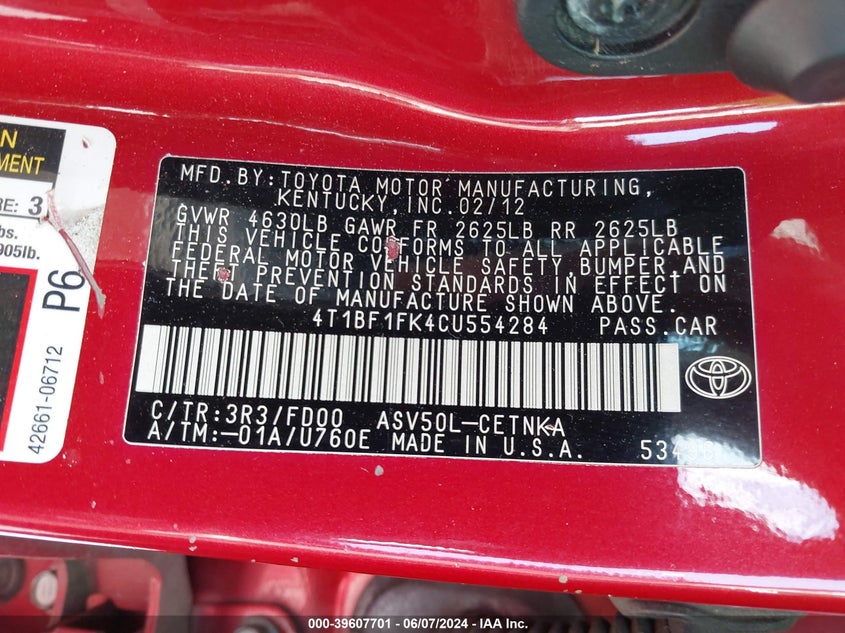2012 Toyota Camry Le VIN: 4T1BF1FK4CU554284 Lot: 39607701