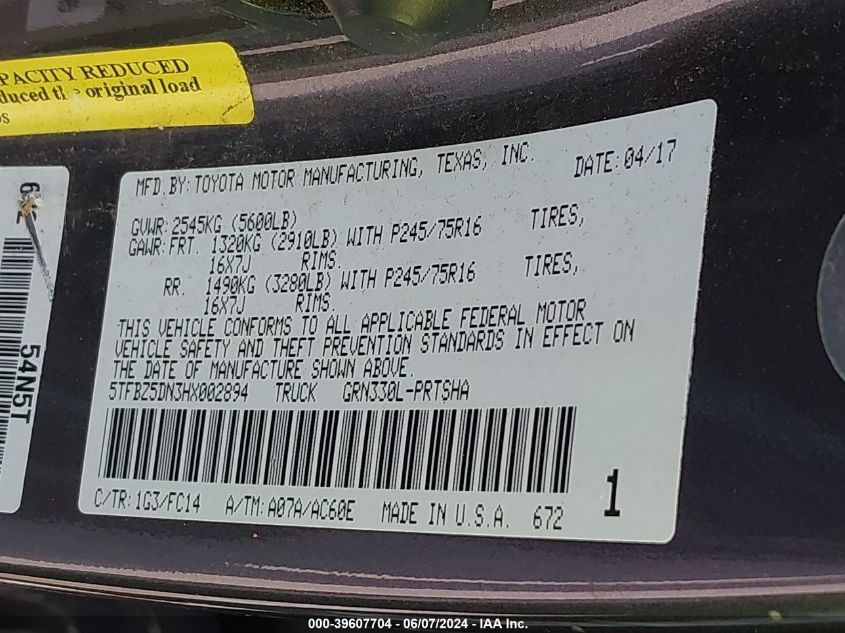 2017 Toyota Tacoma Sr5 VIN: 5TFBZ5DN3HX002894 Lot: 39607704