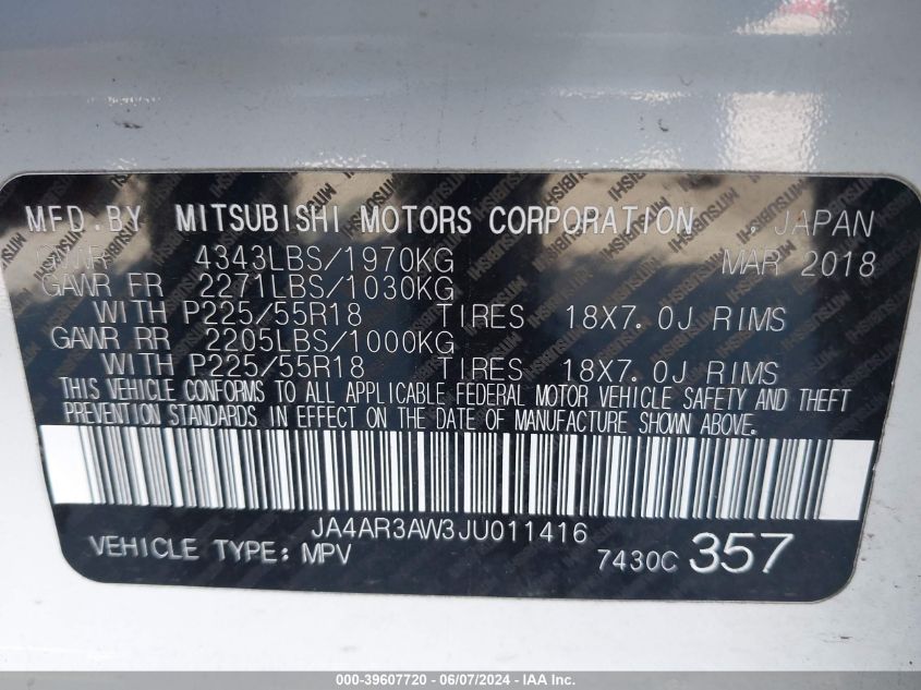 2018 Mitsubishi Outlander Sport 2.4 Se VIN: JA4AR3AW3JU011416 Lot: 39607720