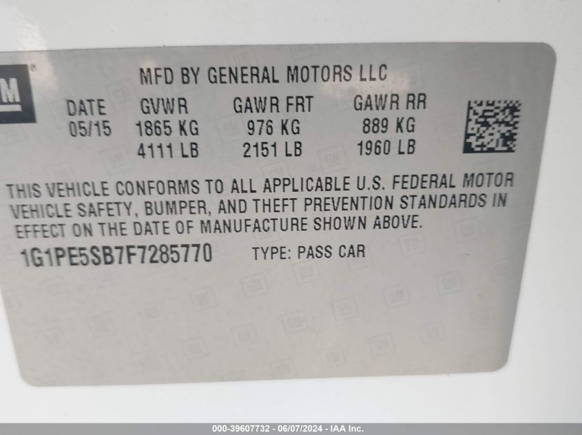 2015 Chevrolet Cruze 2Lt Auto VIN: 1G1PE5SB7F7285770 Lot: 39607732