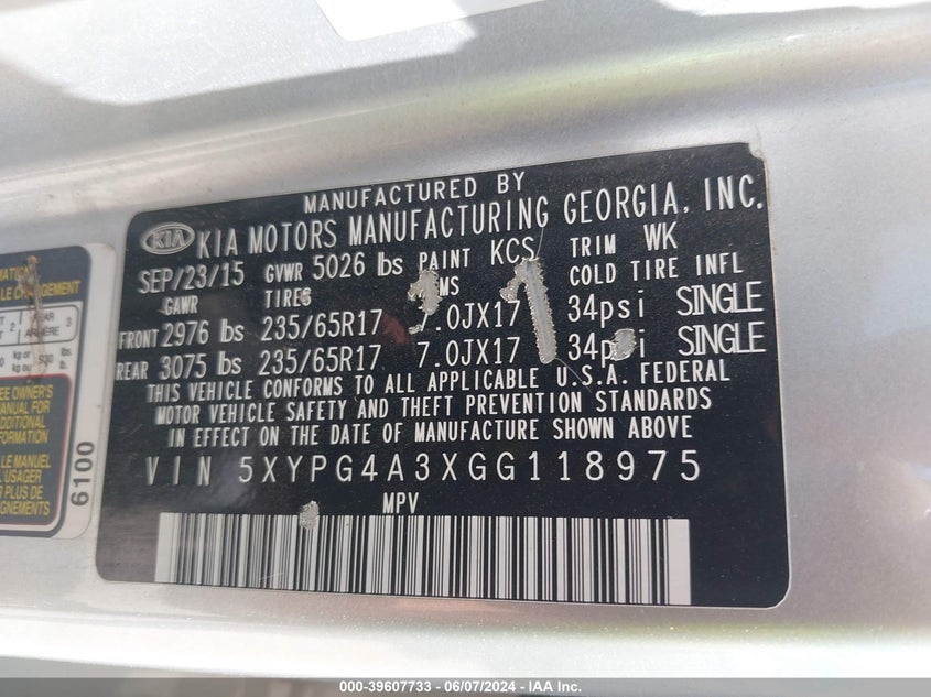 2016 Kia Sorento 2.4L L VIN: 5XYPG4A3XGG118975 Lot: 39607733