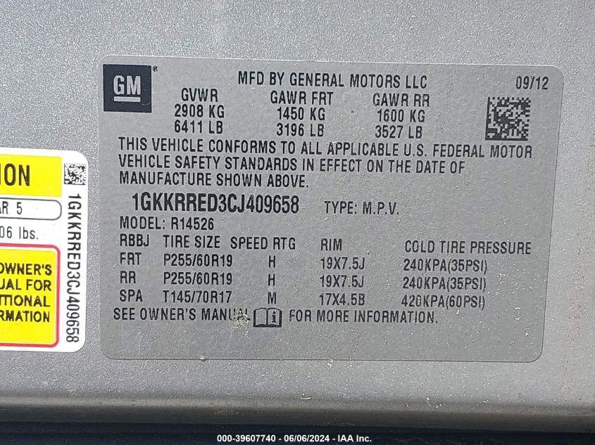 2012 GMC Acadia Slt-1 VIN: 1GKKRRED3CJ409658 Lot: 39607740