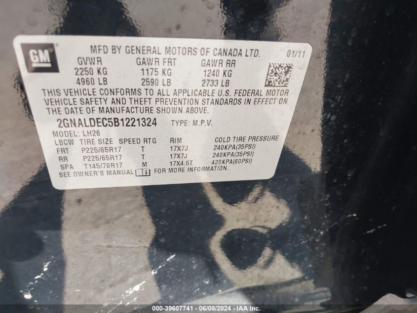 2011 Chevrolet Equinox 1Lt VIN: 2GNALDEC5B1221324 Lot: 39607741