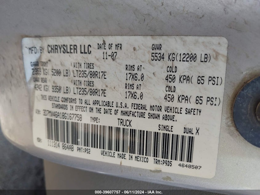 2008 Dodge Ram 3500 St/Sxt VIN: 3D7MX46A18G167758 Lot: 39607757