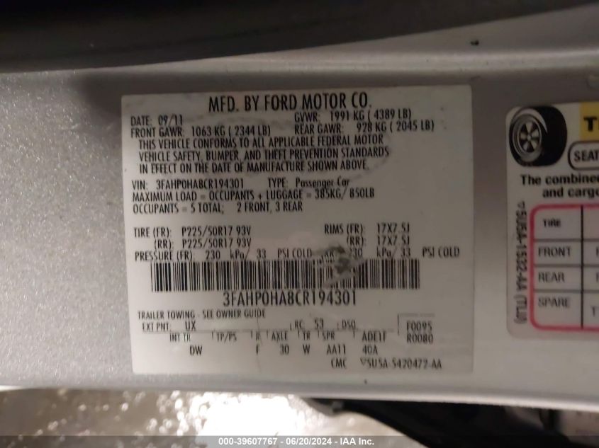 2012 Ford Fusion Se VIN: 3FAHP0HA8CR194301 Lot: 39607767