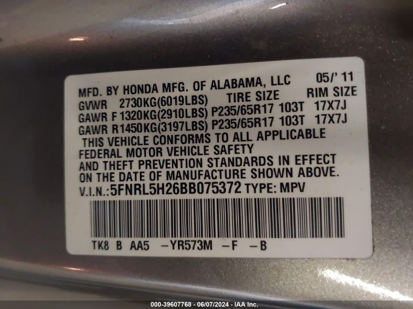 2011 Honda Odyssey Lx VIN: 5FNRL5H26BB075372 Lot: 39607768