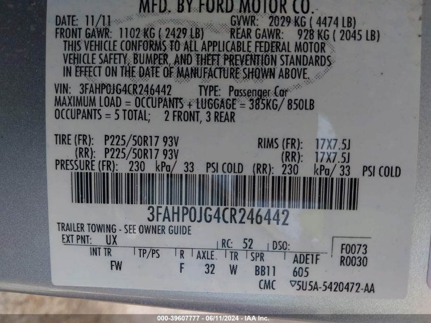 2012 Ford Fusion Sel VIN: 3FAHP0JG4CR246442 Lot: 39607777