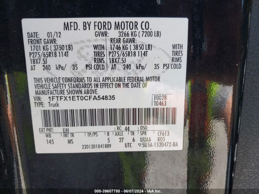 2012 Ford F-150 Xlt VIN: 1FTFX1ET0CFA54835 Lot: 39607780