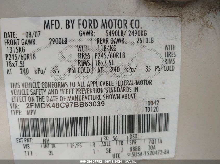 2007 Ford Edge Sel VIN: 2FMDK48C97BB63039 Lot: 39607782