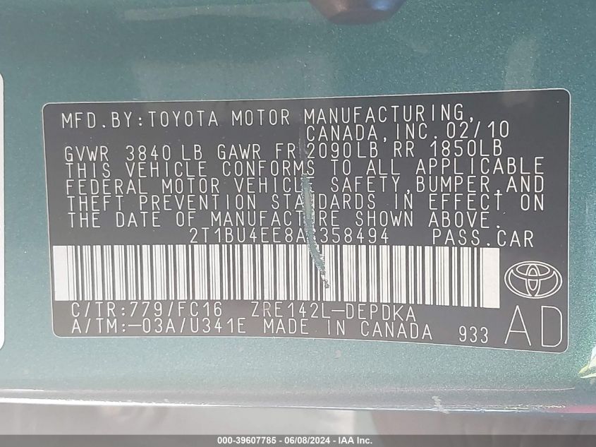 2010 Toyota Corolla Le VIN: 2T1BU4EE8AC358494 Lot: 39607785